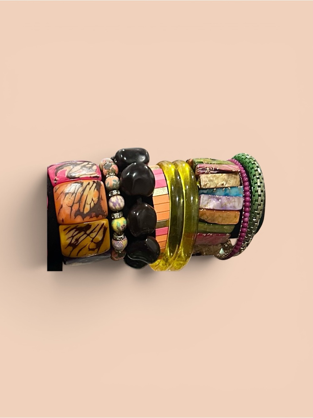 Boho Chunky Multicolor Stackable Bracelet Set Signature Faith Wood Acrylic OS
